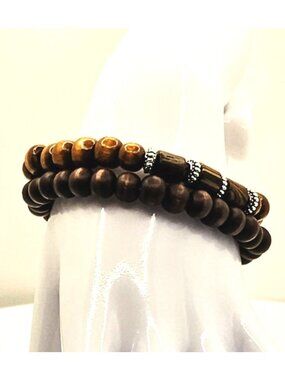 Unisex Wood Bead Bracelet Stack, Unisex Brown Beaded Bracelet Set, Minimalist